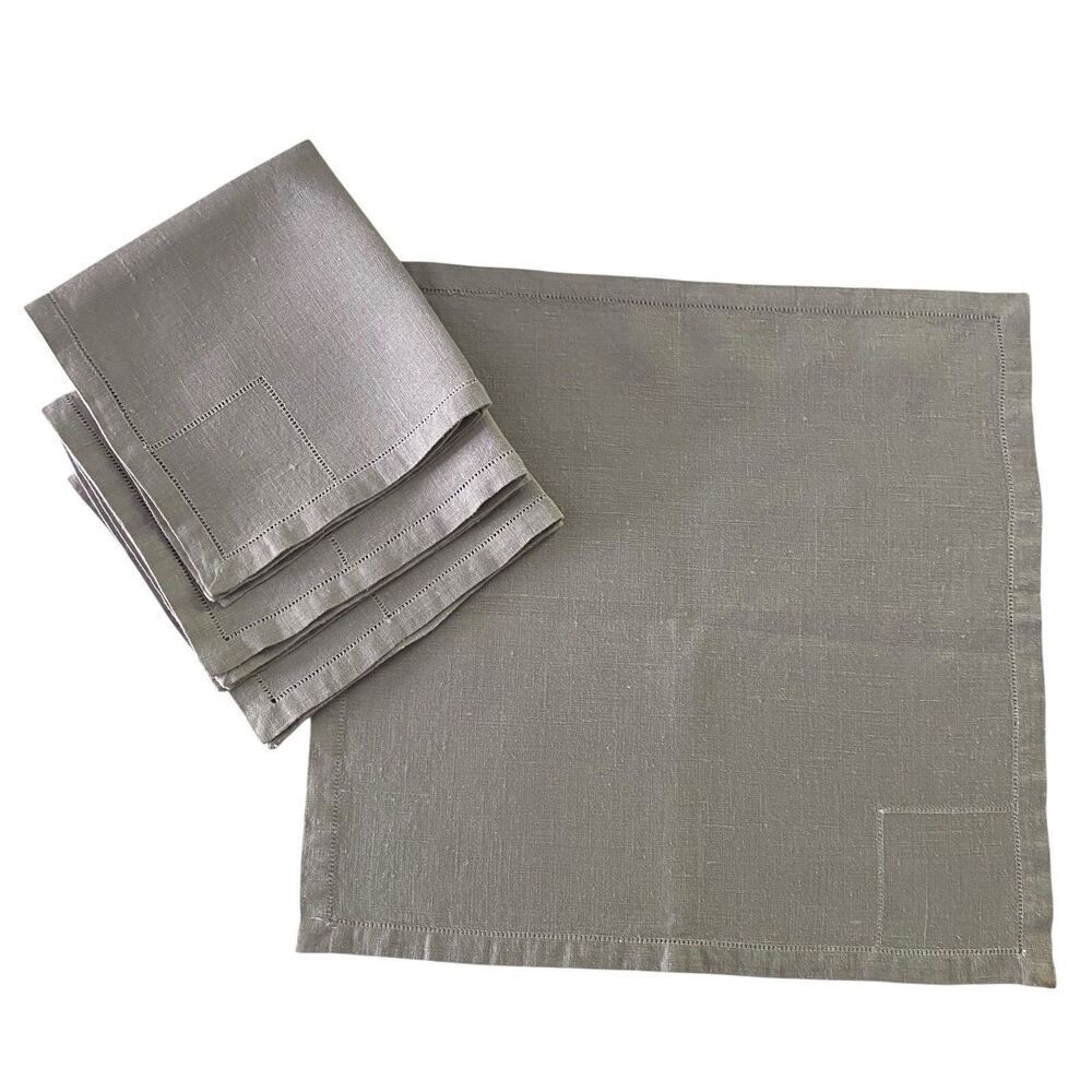 Lot of 4 Linen Cloth Napkins Gray Hemstitched 13" x  12" Luncheon Dining